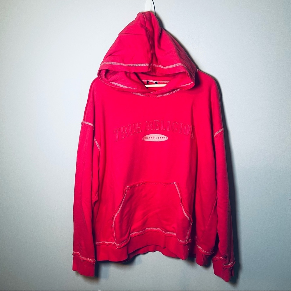 True Religion Contrast Stitch Boyfriend Hoodie Women’s 2XL Hot Pink Sweatshirt